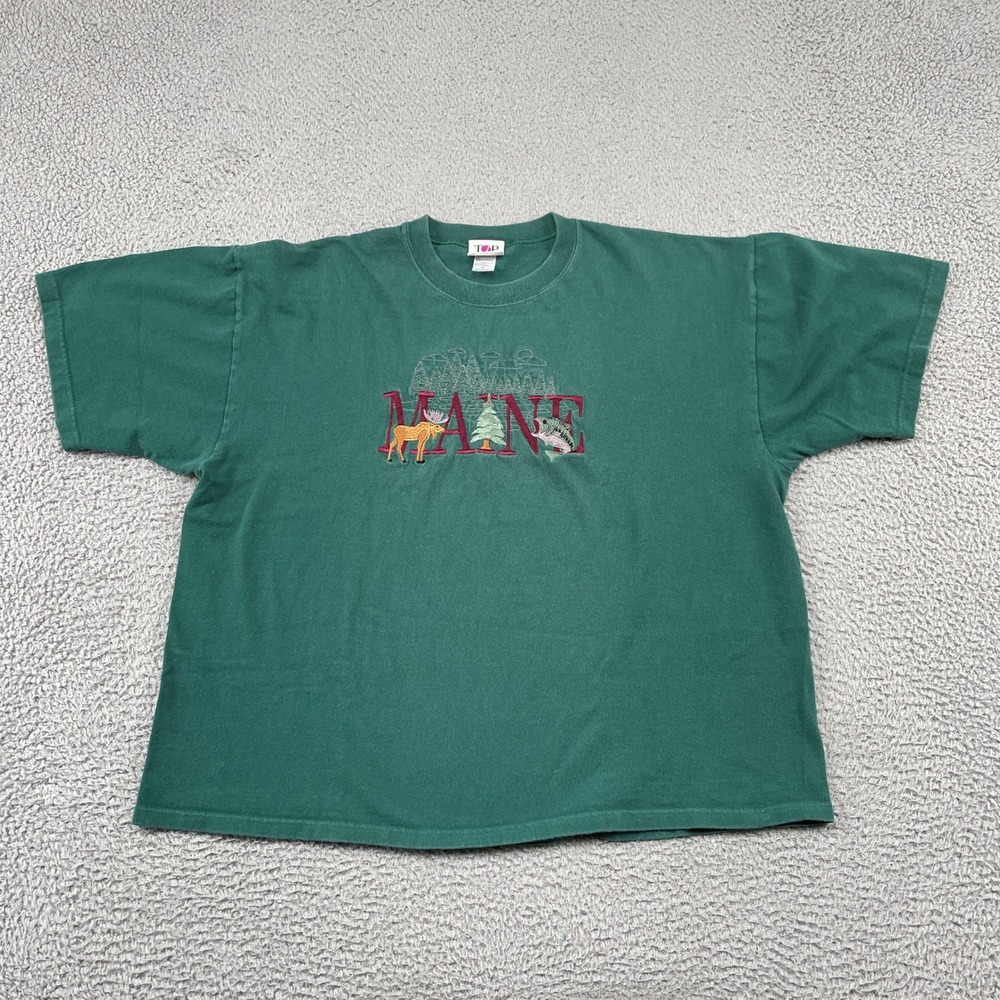 VTG Maine Embroidered T-Shirt Mens XL Green Moose Fish Made In USA